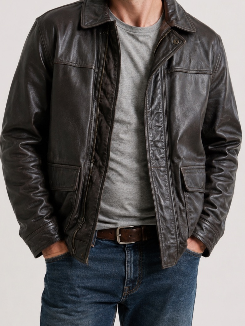 Jos A Bank Genuine Leather Jacket Mens Medium Brown Quilted Lined